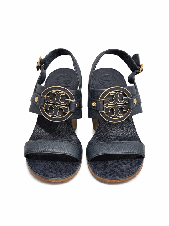 Tory Burch Shoes - Tory Burch Navy Leather Wedge Sandals Gold Logo Size 8